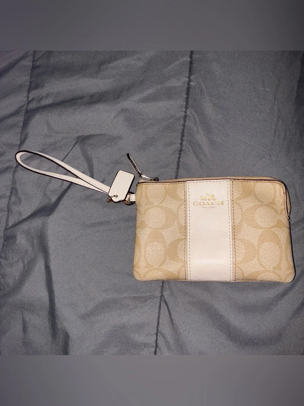 Coach Beige Signature Canvas Wristlet with Light Pink Center Stripe